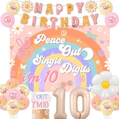 Girls 10th Birthday Party Ideas, Peace Out Single Digits Party, Boho Happy Birthday, Peace Out Single Digits, 10th Birthday Girl, Cake Topper Number, Birthday Lights, Tenth Birthday, Girl Birthday Decorations