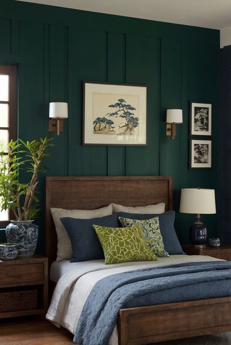 Choosing the right bedroom colors to complement your wooden furniture can transform your space into a cozy retreat. Learn how! #ad     #Colortrend #wallpaint2024  #color2024  #DIYpainting  ##DIYhomedecor  #Fixhome Benjamin Moore Van Deusen Blue, Choosing Bedroom Colors, Dark Green Home, Gothic Living Rooms, Cherry Wood Bedroom, Blue Green Bedrooms, Van Deusen Blue, Gothic Living Room, Green Bedroom Walls