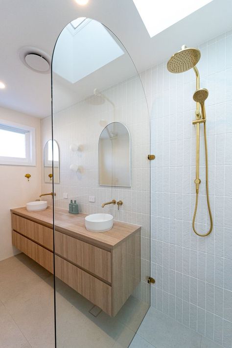 Packers 10mm frameless glass panel shower screen with a custom arch and brushed gold hardware Arch Glass Shower Door, Arched Glass Shower Doors, Glass Panel Shower Wall, Gold Shower Screen, Arched Shower Screen, Arch Shower Screen, Shower Gold Hardware, Arch Shower Door, Shower Screens Ideas