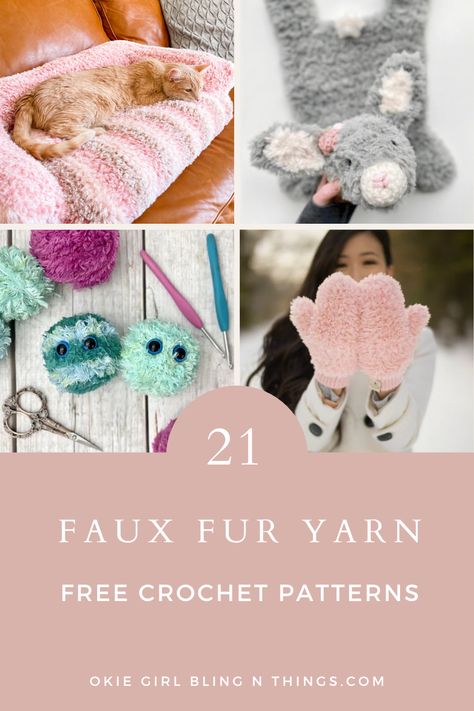 Don't know what to crochet with faux fur? Then this round up is just for you! It's filled with over 20 FREE crochet patterns that are made with faux fur! From faux fur amigurumi crochet patterns to wearable patterns, this round up has a little bit of everything. Crochet Projects With Fuzzy Yarn, Faux Fur Yarn Crochet Projects, Crochet Fur Yarn Projects, Crochet Patterns Fuzzy Yarn, Crochet With Faux Fur Yarn, Crochet Faux Fur Patterns, Faux Fur Yarn Projects, Faux Fur Crochet Amigurumi, Go For Faux Yarn Crochet Patterns