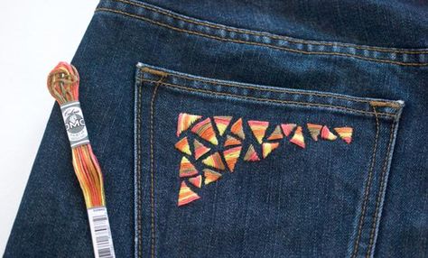 Give Denim a Makeover With Embroidery Diy Embroidery Shirt, Jean Diy, Diy Jeans, Denim Embroidery, Geometric Embroidery, Denim Clothing, Embroidery On Clothes, Sewing Needle, Jeans Diy