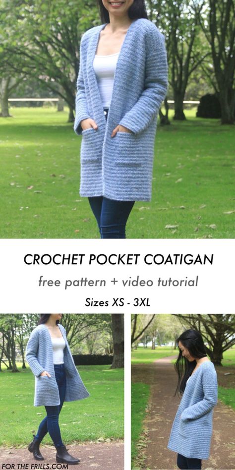 Part 1: Crochet Stonewash Pocket Coatigan - free pattern + video tutorial - for the frills Easy Crochet Cardigan For Beginners, Easy Crochet Jumper, Hetty Feather, Crochet Coat Pattern, Cardigans Crochet, Modern Haken, Crochet Jackets, Cardigan Sweater Pattern, Crochet Cardigan Free