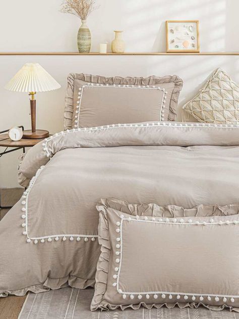 Pom Pom Decor Ruffle Duvet Cover Set Without Filler | SHEIN USA Bed Sheet Aesthetic, Tassel Bedding, Boho Bed Sheets, Minimalist Bedding Sets, Sheet Aesthetic, Aesthetic Duvet, Minimalist Bedding, Bedsheets Designs, Girls Bedroom Grey