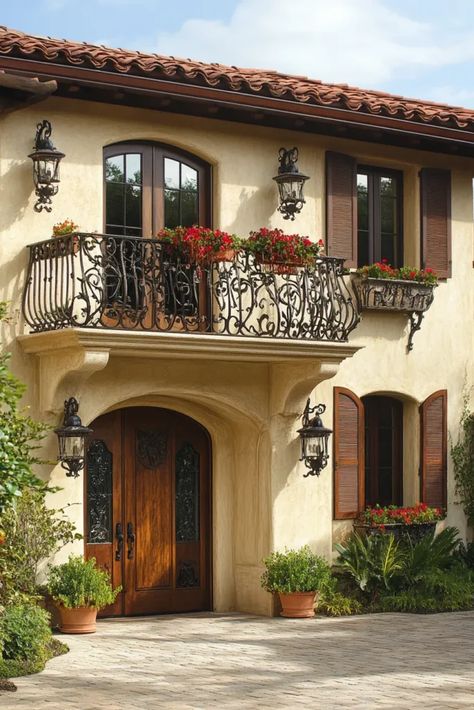 Rustic Italian farmhouse exterior with balconies, greenery, and charming architectural details in warm sunlight Italian House Architecture, German Home Exterior, Villa Balcony Design, European Porch, Italian Houses Exterior, Italian Farmhouse Exterior, Italian Architecture Homes, Italian Homes Exterior, Tuscan Villa Exterior