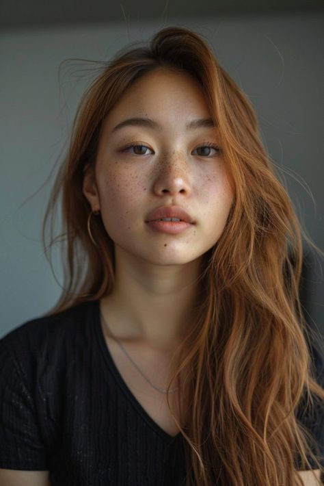 Copper Hair Color Brown Eyes, Toasted Brown Hair Color, Red Hair On Tan Skin Tone, Copper Brown Asian Hair, Auburn Hair Dark Eyebrows, Copper Brown Hair Asian, Copper Hair On Asian, Red Brown Hair Asian, Hair Color Ideas For Asian Skin Tone