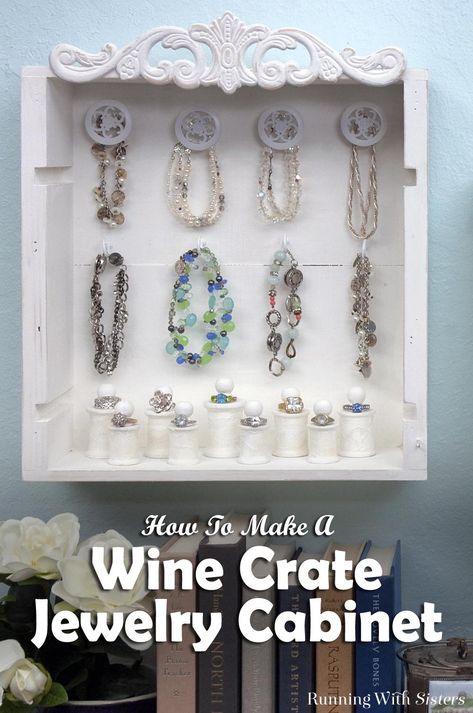 Wine Crate Jewelry Cabinet - Running With Sisters Crate Display, Seashell Heart, Crate Desk, Wooden Wine Crates, Heart Door Hanger, Wine Crates, Diy Wooden Crate, Crate Coffee Table, Old Crates