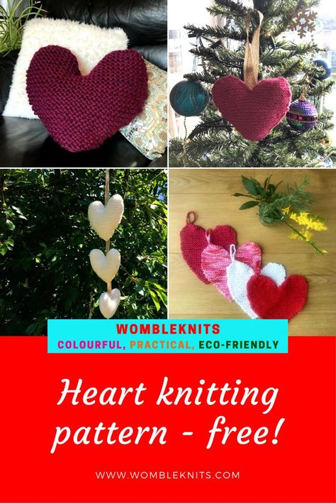 Free Heart Knitting Pattern - easy enough for an almost beginner knitter and yet versatile enough to make a huge range of Valentine items, from a 'long distance hug' stuffed heart to a chunky cushion, and from a cotton hand knit washcloth to a banner of hearts. Knit it big on chunky needles or knit it tiny in laceweight yarn, a great way to use up your yarn stash and demonstrate your love at the same time! Heart Knitting Pattern, Knitted Heart Pattern, Small Knitting Projects, Beginner Knitting Patterns, Knitted Heart, Knitting Patterns Toys, Free Knitting Patterns, Knitted Flowers, Knitting Gift