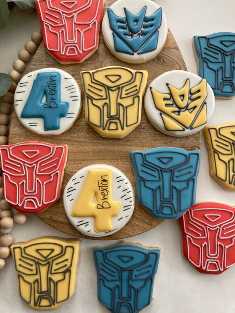 Transformers Birthday Cupcakes, Trans Four Mer Birthday, Transformers Birthday Cookies, Transformer Cookies Decorated, Transformers Birthday Ideas, Transformers 4th Birthday, Trans4mer Birthday, Transformer Cookies, Transformer Birthday Party Ideas