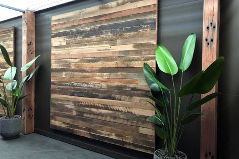 'Artisan Two board' wall cladding panels. Rustic Timber Wall, Plank Board Walls, Wooden Wall Covering Ideas, Timber Wall Feature, Reclaimed Timber Wall, Timber Feature Wall Bedroom, Timber Cladding Interior Feature Walls, Wood Cladding Interior Feature Walls, Wood Wall Outdoor