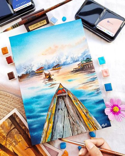 Shikara Boat Kashmir Drawing, Kashmir Drawing, Kashmir Winter, Dal Lake Kashmir, Watercolor Paintings For Sale, Peacock Drawing, Dal Lake, Lake Painting, Travel Painting