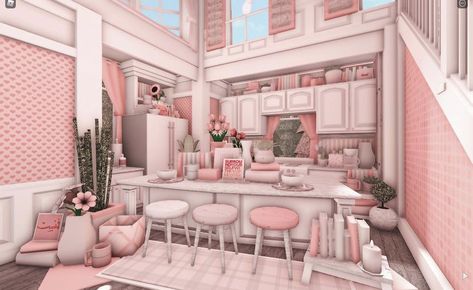 Blush Bloxburg House Interior, Blush Pink Bloxburg House, Blush Bloxburg Kitchen, Bloxburg Pink House Ideas, Blush Kitchen Bloxburg, Bloxburg Clothes Shop, Blush House Bloxburg, Blush Bloxburg House, Bloxburg Blush House