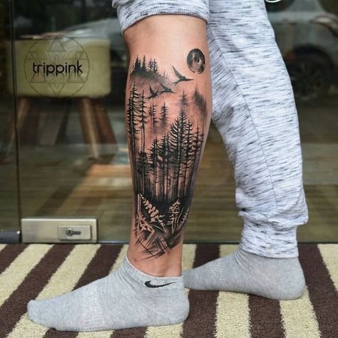 Pine Tree Silhouette Tattoo, Lodgepole Pine Tattoo, Men’s Tattoo Ideas Leg, Outdoor Tattoos For Men, Hunting And Fishing Tattoos, Outdoor Tattoo Ideas, Calf Sleeve Tattoo Men, Mens Leg Sleeve Tattoo, Lower Leg Tattoos For Men