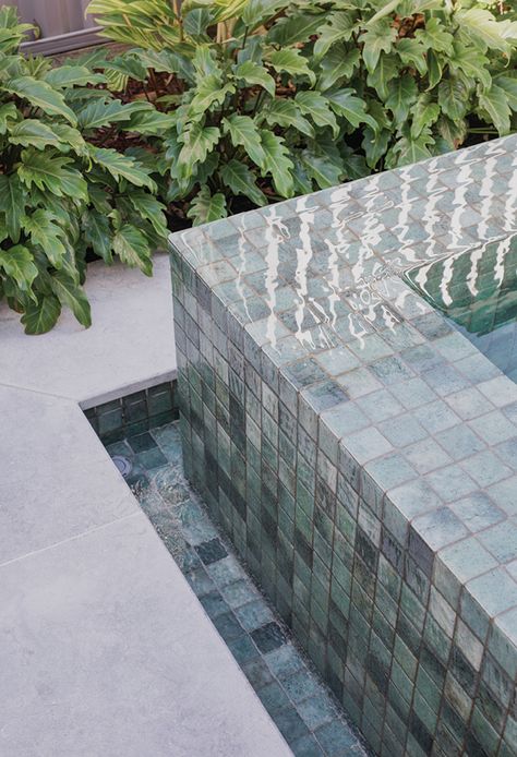 Trace Spanish glass pool tiles is inspired by the sought after and exotic greens of Bali stone. These tiles are 100% Spanish design and fabrication and feature a fine & uniform PVC dotted backing system with maximum free space for strong adhesion. #pooltiles #glasstiles #swimmingpool #spanishtiles #homebuilders #homeconstruction #architecture #pooldesign #architecturelovers #australianhomes Zellige Pool Tile, Artisan Exterior, Decorative Pool Tiles, Green Mosaic Tile, Pool Mosaic Tiles, Pool Mosaic, Swimming Pool Mosaics, Pool Inspiration, Mosaic Pool Tile