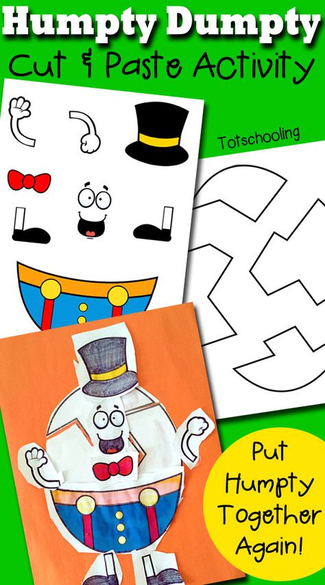 Humpty Dumpty Printable Cut & Paste Activity Rhyming Activities Preschool, Humpty Dumpty Activities, Preschool Rhyming, Nursery Rhymes Preschool Crafts, Rhyming Preschool, Nursery Rhyme Crafts, Nursery Rhymes Preschool, Nursery Rhyme Theme, Nursery Rhymes Activities