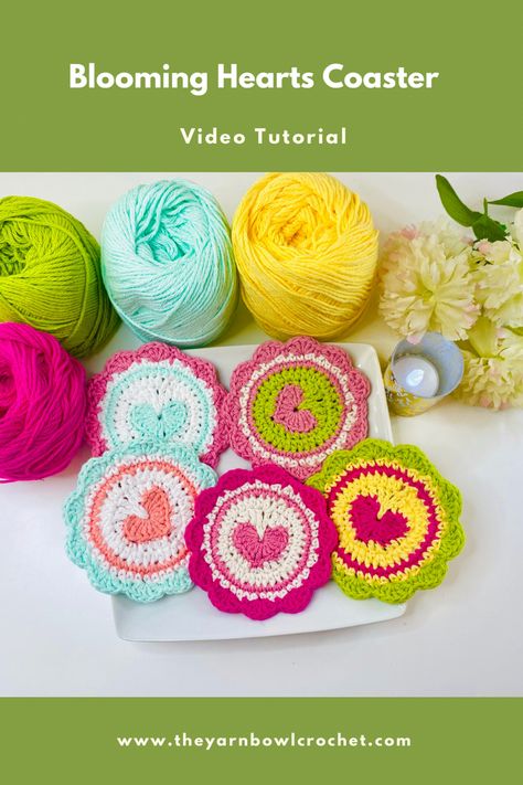 Free Video Tutorial for this cute Blooming Heart Crochet Coaster Crochet Heart Coaster, Easy Crochet Heart, Crochet Flower Coaster, Valentine Crochet, Valentines Coasters, Blooming Heart, Wool Ideas, Crochet Valentine Patterns, Heart Coaster