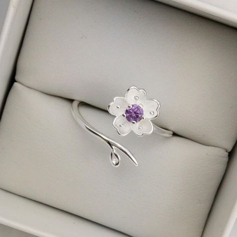 Single 925 Stamped Silver Flower With Purple Center Crystal On One End & A Branch With A Single Leaf Wraps Around Finger To Other Side. Open At Top Adjustable Ring. In New Condition. Nwt Boutique Item Last One!!! Couple Rings Silver, Cherry Blossom Ring, Purple Ring, Purple Rings, Big Rings, Valentine Wedding, Wedding Band Sets, Types Of Rings, Cz Stone