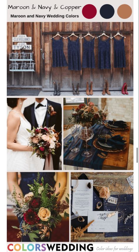 Navy Blue Copper Burgundy Wedding, Navy Blue And Rust Wedding Theme, Navy Blue And Rust Wedding Table Decor, Blue Maroon Wedding, Navy And Copper Wedding, Blue And Brown Wedding, Maroon And Navy Wedding, Copper Wedding Colors, Blue Place Settings