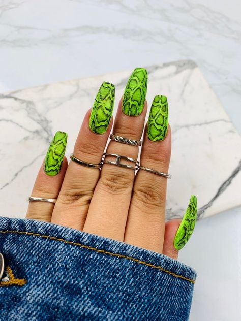 Green Snake Press on Nails | Green Nails | Fake Nails | Animal PrintNails | Snake Nails | Neon Green Nails Neon Green, Snake Nails, Snake Skin Nails, Nails Neon, Neon Green Nails, Nails Green, Green Snake, Nails Fake, Animal Nails