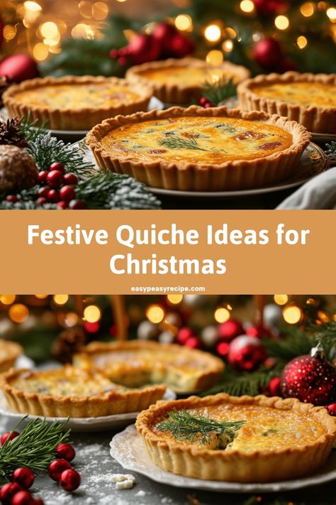 Festive Christmas table setting with elegant quiche dishes surrounded by holiday decorations and twinkling lights. Christmas Quiche Recipes, Holiday Quiche, Christmas Quiche, Leek Quiche, Asparagus Quiche, Delicious Quiche, Easy Zucchini Recipes, Vegetable Quiche, Bacon Quiche