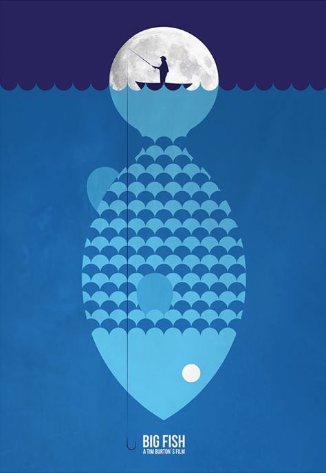 Big Fish (2003) ~ Minimal Movie Poster by Javier Lainez #amusementphile Tim Burton Films, Minimal Movie Posters, Minimal Poster, Cinema Posters, Poster Minimalist, Movie Posters Minimalist, Alternative Movie Posters, Fish Design, Big Fish