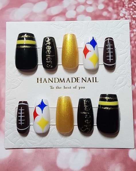 It's always football season if you are a die hard fan. I'm not preferably a Steelers fan, but this picture doesn't do this set justice. They turned out so good. Who are you rooting for to make it to the Super Bowl? Steelers Nails Ideas, Pittsburgh Steelers Nails, Steelers Nails, Football Nails, Steelers Fan, Steelers Football, Die Hard, Football Season, Pittsburgh Steelers