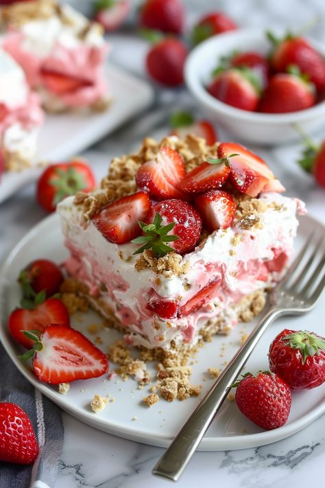 Strawberry Icebox Cake Recipe Zucchini Garlic Bites, Cream Cheese Strawberries, Strawberry Icebox Cake Recipe, Garlic Bites, Italian Appetizer, Strawberry Icebox Cake, Icebox Cake Recipes, Buttery Shortbread Cookies, Creative Snacks