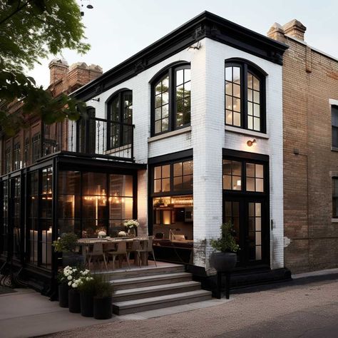 White Brick Building Exterior, Art Deco Brick House, Black Arch Windows Exterior, White Townhouse Exterior, Black Exterior With White Windows, Modern Art Deco Exterior, White Brick House Exterior Black Windows, Black And White Brick House, Black Window Exterior