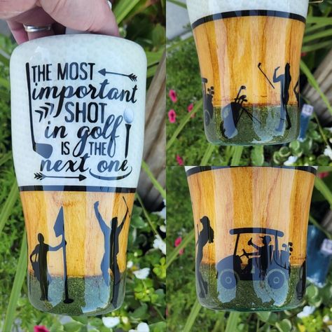 Golf Tumbler Ideas, Golf Tumbler, Yeti Cup Designs, Tumbler Inspiration, Epoxy Projects, Epoxy Tumblers, Golf Theme, Glitter Tumbler Cups, Yeti Cup