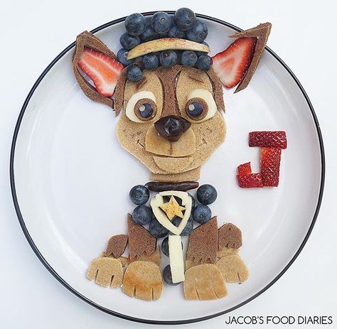 CHASE from PAW PATROL Spelt pancakes with fruit . . . . . #pawpatrol #chase #nickelodeon #foodart #food #art #foodartist #funfood #breakfast #pancakes #cocoa # buzzfeed #eeeats #spelt #organic #healthy #children #medjooldates #blueberries #Apples #strawberries #instagood #chiaseeds #melbourne #melbournemum #fruit Fruit Pancakes, Kreative Snacks, Pancake Art, Decorações Com Comidas, Food Art For Kids, Food Artists, Creative Food Art, Fun Kids Food, Breakfast For Kids