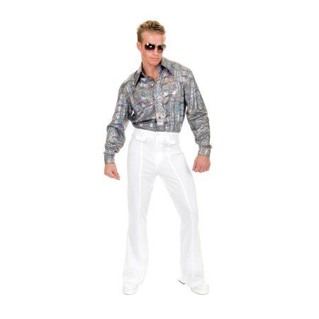 You can rock in style jamming in these Men?s Adult GoGo Disco Pants. These bad boys will make you want to hit the dance floor! Featuring shimmer multicolor pants with wide flared leg bottoms and belt loops if you need a tighter fit. You can fashion up more with a pair of boots and nice silk shirt! Size: 40.  Color: White. Disco Costume, Disco Pants, Disco Shirt, Donna Summer, 70s Disco, Costume Shirts, Mens Halloween Costumes, 1970s Fashion, Mens Plus Size