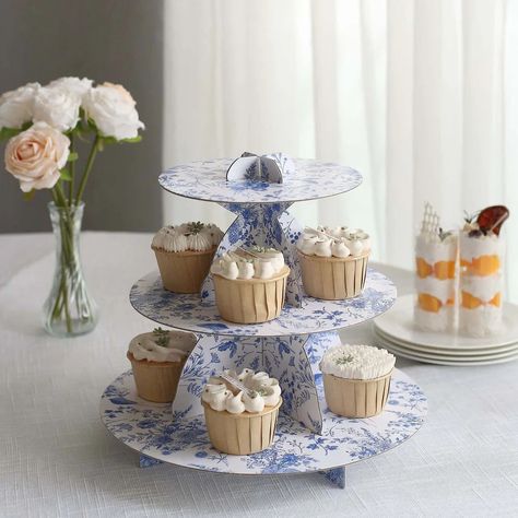 3-Tier Blue Floral Dessert Stand - 11" Tall | tableclothsfactory.com Cupcake Centerpieces, Cardboard Cupcake Stand, Tea Party Cupcakes, Tea Party Desserts, 3 Tier Cupcake Stand, Tiered Cake Stands, Dessert Display Stand, Floral Dessert, Cupcake Tiers Stand