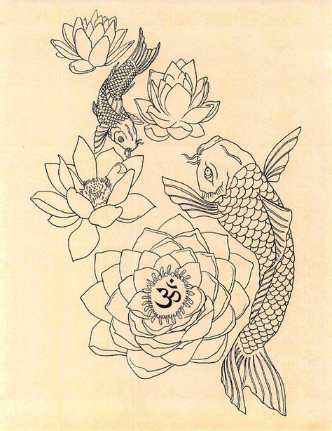 Lotus Tattoo Drawing, Om Lotus Tattoo, Japanese Drawing, Drawing Fish, Japanese Lotus, Coy Fish, Tattoo Japanese, Polynesian Tattoos, Koi Tattoo