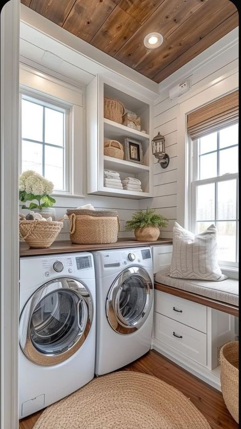 French Country, Cottage & Farmhouse | The laundry room boasts a beautiful wood ceiling that adds warmth and character🤎 | Facebook Farmhouse Laundry Room Ideas, Laundry Room Update, Rustic Laundry Rooms, Laundry Room Wallpaper, Dream Laundry Room, Laundry Room Closet, Mudroom Laundry Room, Laundry Room Layouts, Laundry Room Renovation