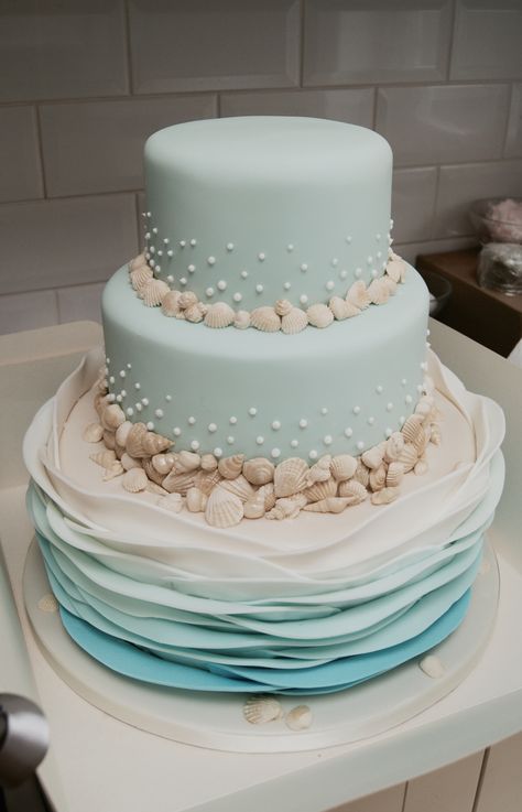 Beach theme wedding Cakes by Hall of Cakes Wedding Cake Beach, White Cake Design, Simple Anniversary Cakes, 2 Tier Wedding Cake, Tiffany Themed Bridal Shower, Bling Wedding Cakes, Anniversary Cake Designs, Beach Theme Wedding Cakes, Tiffany Cakes