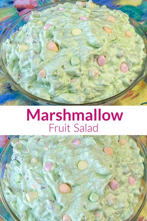 Collage of marshmallow salad in a vintage bowl on a colorful napkin with text Green Jello With Marshmallows, Easter Marshmallow Salad, Salads With Marshmallows, Easter Fluff Salad Mini Marshmallows, Marshmallow Salad Fruit, Green Marshmallow Salad, Fruit Marshmallow Recipes, Pistachio Marshmallow Salad, Fun Fruit Appetizers