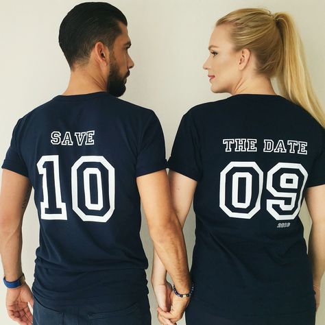 Save the date t-shirts Engagement Tshirts Couple, Couple T Shirts For Pre Wedding, Couple Shirt Design Ideas, Date Engagement Photos, Engagement Shirts, Wedding Tshirts, Kaos Couple, Shirts For Couples, Couple Shirt Design