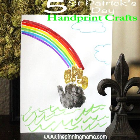 5 Saint Patricks Day Kids Handprint Crafts - Click here to see all Pot Of Gold Handprint Craft, March Handprint, Handprint Pot, Art Ideas For Kindergarten, Hand Art Ideas, Hand Print Crafts, Print Crafts, Kids Holidays, March Crafts