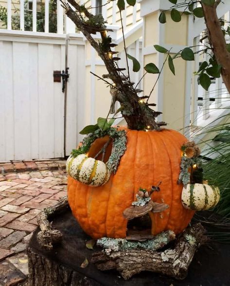 These fall, Halloween and pumpkin fairy garden ideas & supplies are a pretty solution to creating some fall or Halloween spirit. Traditional Pumpkin Carving, Fairy Garden Pumpkin, Fall Fairy Garden, Pumpkin Competition, Pumpkin Houses, Fairy Pumpkin, Pumpkin Diorama, Pumpkin Fairy House, Halloween Garden Decorations