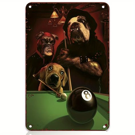 Dogs Playing Pool, Playing Pool, Eight Ball, Dogs Playing, Play Pool, Funny Dachshund, Dog Poster, Salou, Vintage Metal Signs