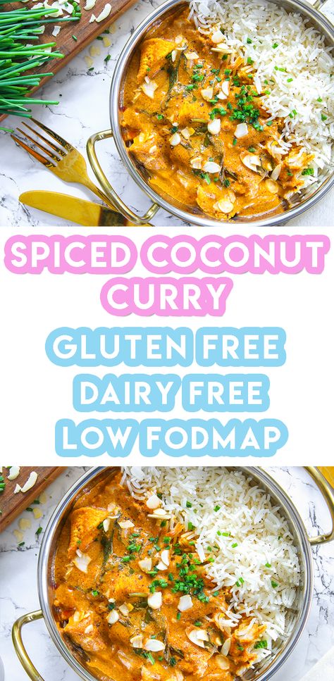 gluten free spiced coconut chicken curry recipe Gluten Free Coconut Chicken, Coconut Chicken Curry Recipe, Fodmap Chicken Recipes, Gluten Free Spices, Fodmap Chicken, Fodmap Recipes Dinner, Low Fodmap Chicken, Low Fodmap Recipes Dinner, Fodmap Meal Plan