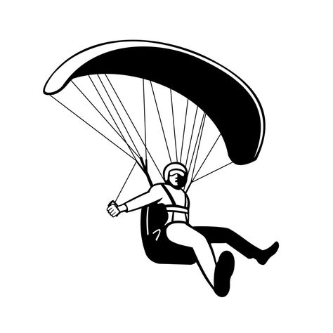 Pilot Flying Paraglider Paragliding Mascot Black and White Retro Paragliding Illustration, Clock Logo, Airplane Illustration, Mascot Illustration, Black And White Retro, Sky Diving, Black And White Stickers, Cute Alien, Cat Clipart