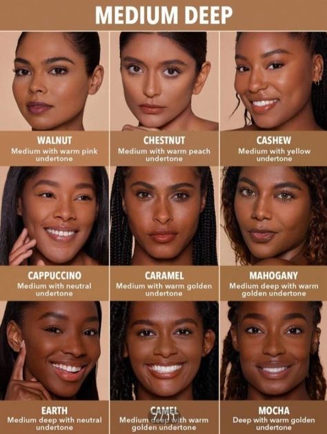 Medium Deep - Walnut, Chestnut, Cashew, Cappuccino, Caramel, Mahogany, Earth, Camel, Mocha Medium Deep Skin Makeup, Caramel Skin Tone Makeup, Deep Autumn Skin Tone, Chestnut Skin Tone, Caramel Skin Tone Aesthetic, Caramel Skin Makeup, Caramel Skin Color, Carmel Skin, Warm Skin Tone Colors