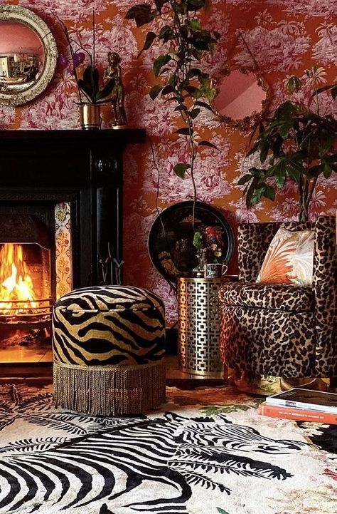 Cheetah Print Interior Design, Eclectic Retail Store Design, Maximalist Bedroom Dark, Leopard Interior Design, Luxury Maximalist Interior, Maximalist Western Decor, Jewel Tone Maximalist, Edgy Salon, Eclectic Salon