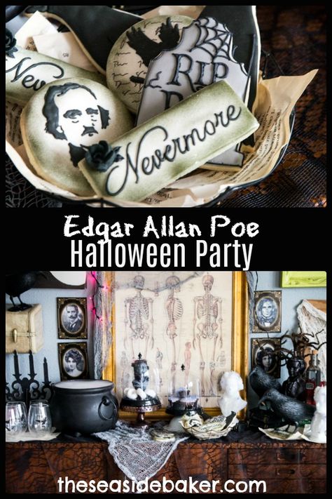 Edgar Allen Poe Party Ideas, Edgar Allen Poe Party Food, Edgar Allen Poe Themed Food, Edgar Allan Poe Themed Party, Poe Halloween Decor, Edgar Allen Poe Halloween Party, Edgar Allan Poe Party, Edgar Allen Poe Party, Edgar Allen Poe Decor