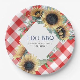 Picnic Wedding Ideas, I Do Bbq, Rustic Plates, Pink Tartan, Bbq Wedding, Wedding Plates, Picnic Wedding, Bbq Party, Watercolor Sunflower