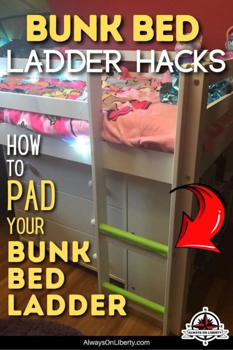 Bunkbed Ladder Ideas, Bunk Bed Stairs Hack, Bunk Bed Ladder Cover Diy, Bunk Bed Safety Ideas, Loft Bed Ladder Ideas, Bunk Bed Railing Ideas, Diy Bunk Bed Ladder, Bunk Bed Ladder Ideas, Rv Bunk Ladder