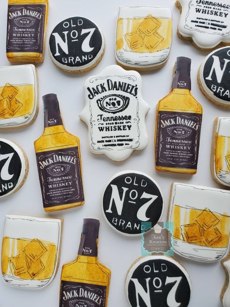 Jack Daniels Cookies Decorated, Jack Daniels Cookies, Whiskey Cookies Decorated, Booze Cookies, Liquor Cookies, Harley Cookies, Alcohol Cookies, Whiskey Cookies, Sugar Cookies Birthday