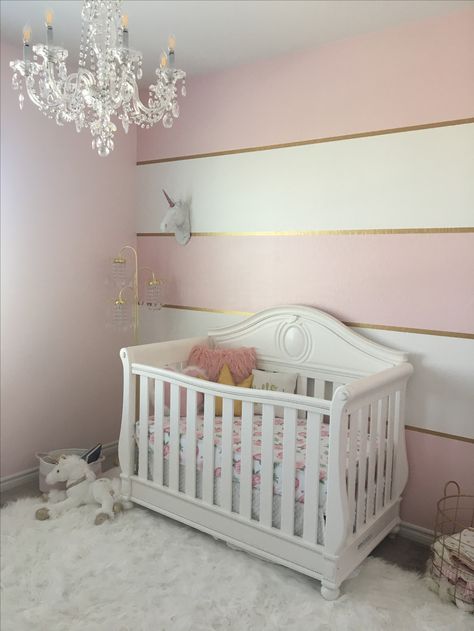 Pink and gold. Striped wall Pink Chandeliers, Babies Nursery, Gold Nursery, Striped Walls, Girl Nursery Room, Girls Rooms, Dekorasi Kamar Tidur, Pink Nursery