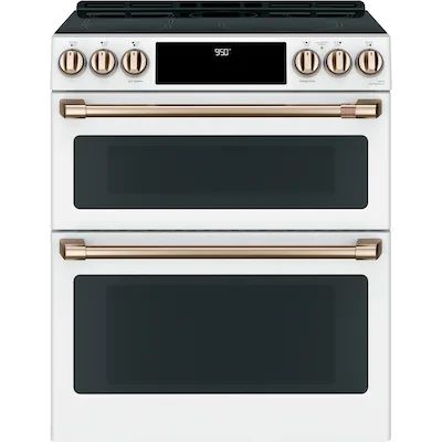 Cafe 30-in 5 Elements Self-cleaning and Steam Cleaning Air Fry Convection Oven Slide-in Double Oven Induction Range (Matte White) in the Double Oven Induction Ranges department at Lowes.com Smeg Cream Oven, Smeg Cream Built In Oven, Cream Smeg Oven Kitchen, Double Oven Electric Range White, Slide In Electric Range Double Ovens, Falcon Induction Range, 30 In Double Oven, Lowes Kitchen Appliances, White And Gold Double Oven