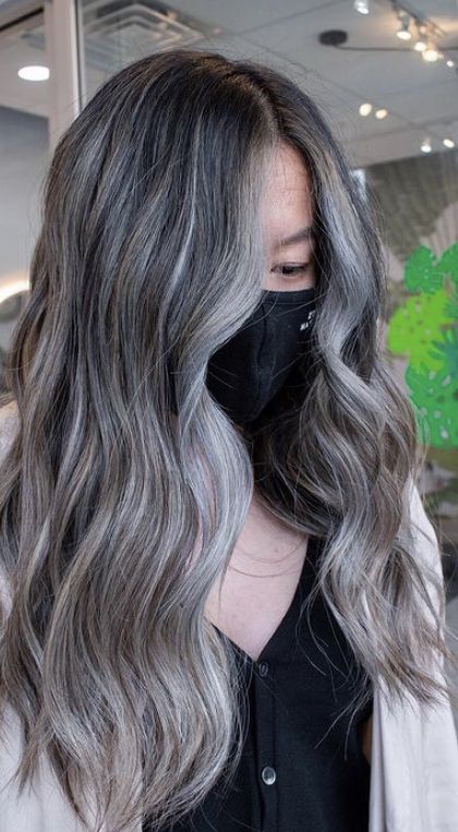 silver balayage Asian hair Asian With Silver Hair, Ash Blonde On Asian Hair, Ash Blonde Underneath Black Hair, Silver Ash Blonde Hair Balayage, Ash Blonde Streaks On Black Hair, Ashy Blonde Hair Balayage Asian, Ash Gray Highlights On Dark Hair, Asian Balayage Ashy Blonde, Ash Silver Balayage